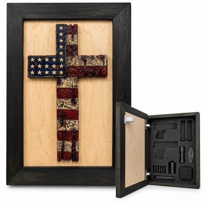 Bellewood Designs - American Flag Cross Decorative Wall-Mounted Secure Gun Cabinet