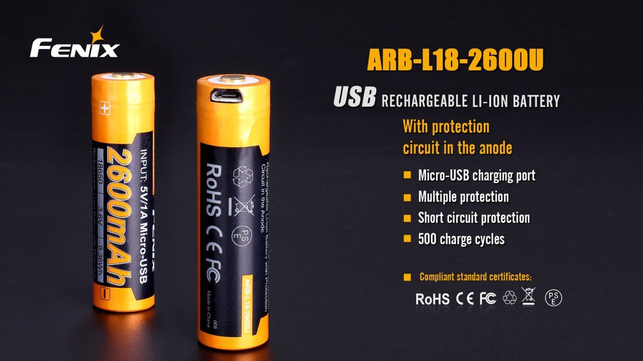 Fenix ARB - L18 - 2600U USB Rechargeable Li - ion 18650 Battery - Angler's Pro Tackle & Outdoors