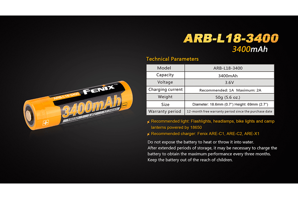 Fenix ARB - L18 - 3400mAh Rechargeable 18650 Battery - Angler's Pro Tackle & Outdoors