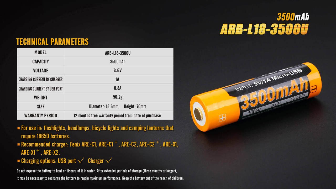 Fenix ARB - L18 - 3500U USB Rechargeable Li - ion 18650 Battery - Angler's Pro Tackle & Outdoors
