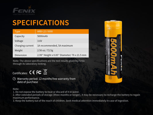 Fenix ARB - L21 - 5000 V2 Rechargeable 21700 Rechargeable Battery - Angler's Pro Tackle & Outdoors