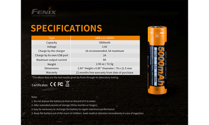 Fenix ARB - L21 - 5000U Rechargeable 21700 Battery - Angler's Pro Tackle & Outdoors