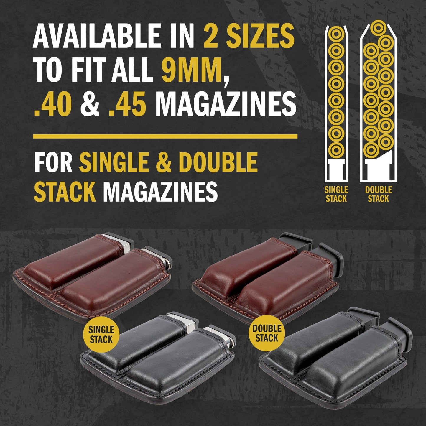 Leather 2 Magazine Holder | Made In USA | Lifetime Warranty | Fits virtually any Relentless Tactical 9mm, .40, .45 or .380 Pistol Mag | Single or Double Stack | IWB or OWB
