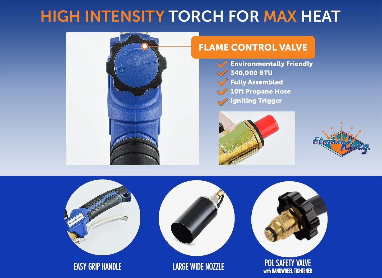 Flame King Auto Ignition Heavy Duty Propane Torch Weed Burner 340,000 BTU with Blast Trigger - Angler's Pro Tackle & Outdoors