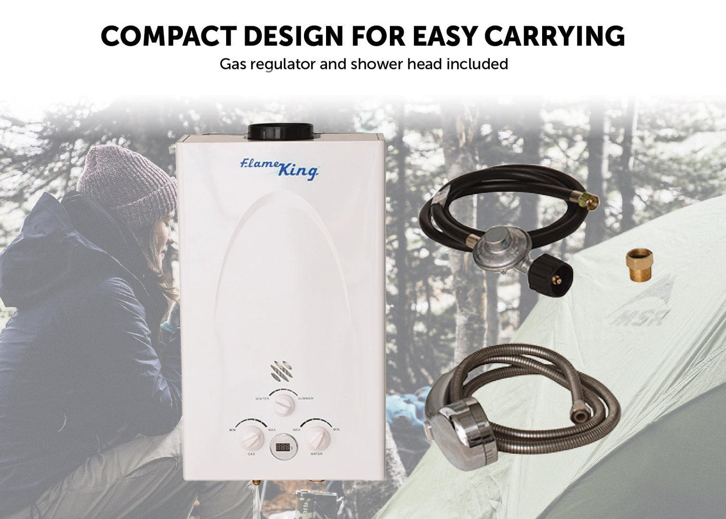 Flame King Tankless Outdoor Portable Camping Hot Shower Propane Gas 10L 2.64GPM Water Heater 68,000 BTU - Angler's Pro Tackle & Outdoors
