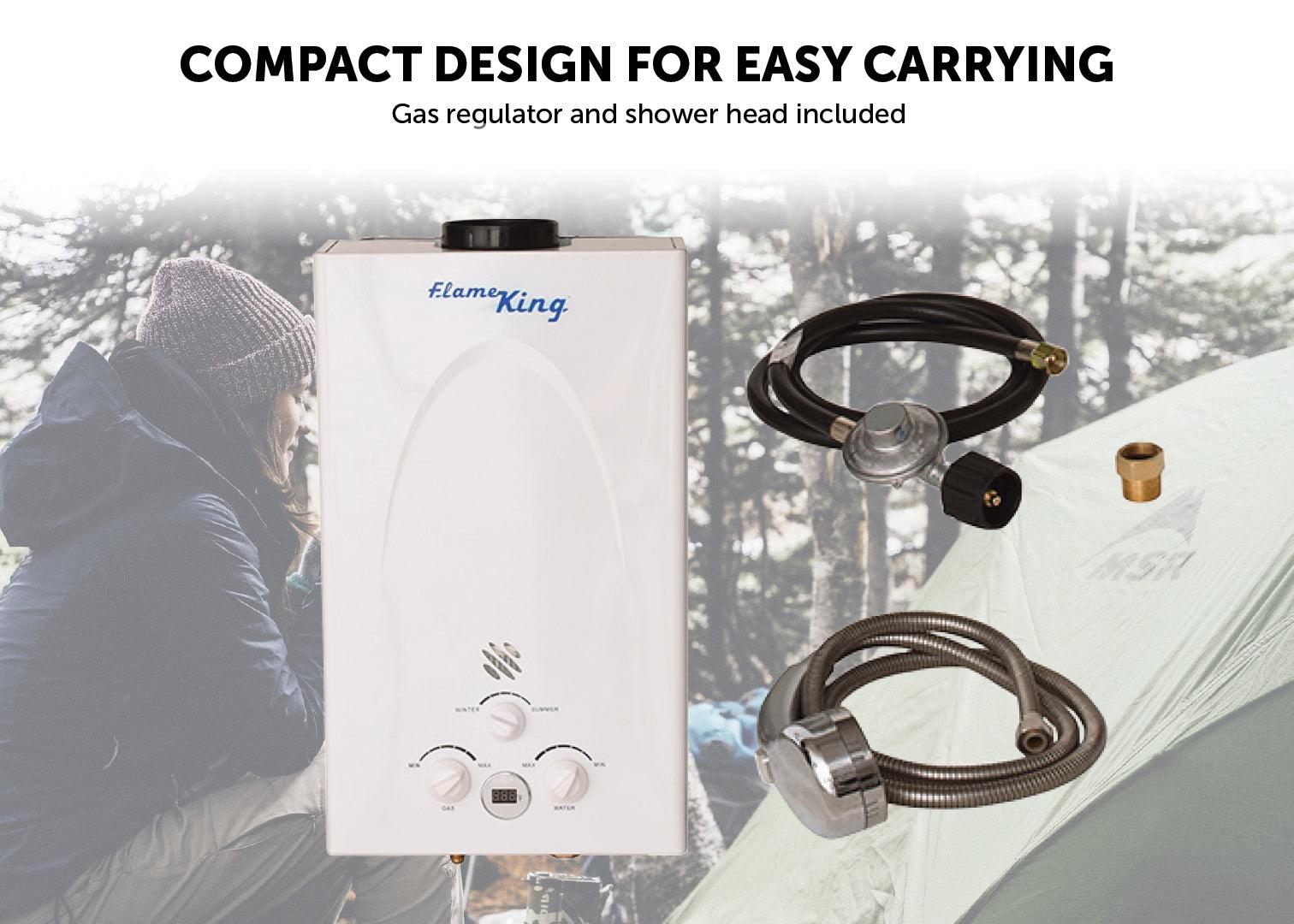 Flame King Tankless Outdoor Portable Camping Hot Shower Propane Gas 10L 2.64GPM Water Heater 68,000 BTU - Angler's Pro Tackle & Outdoors