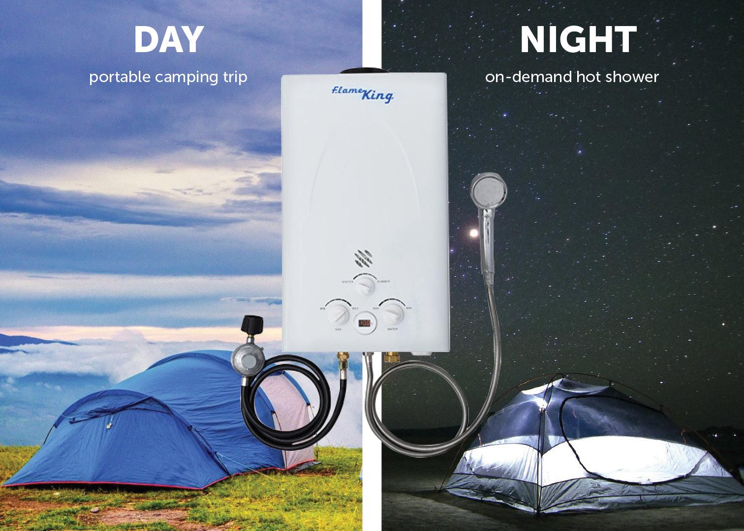 Flame King Tankless Outdoor Portable Camping Hot Shower Propane Gas 10L 2.64GPM Water Heater 68,000 BTU - Angler's Pro Tackle & Outdoors