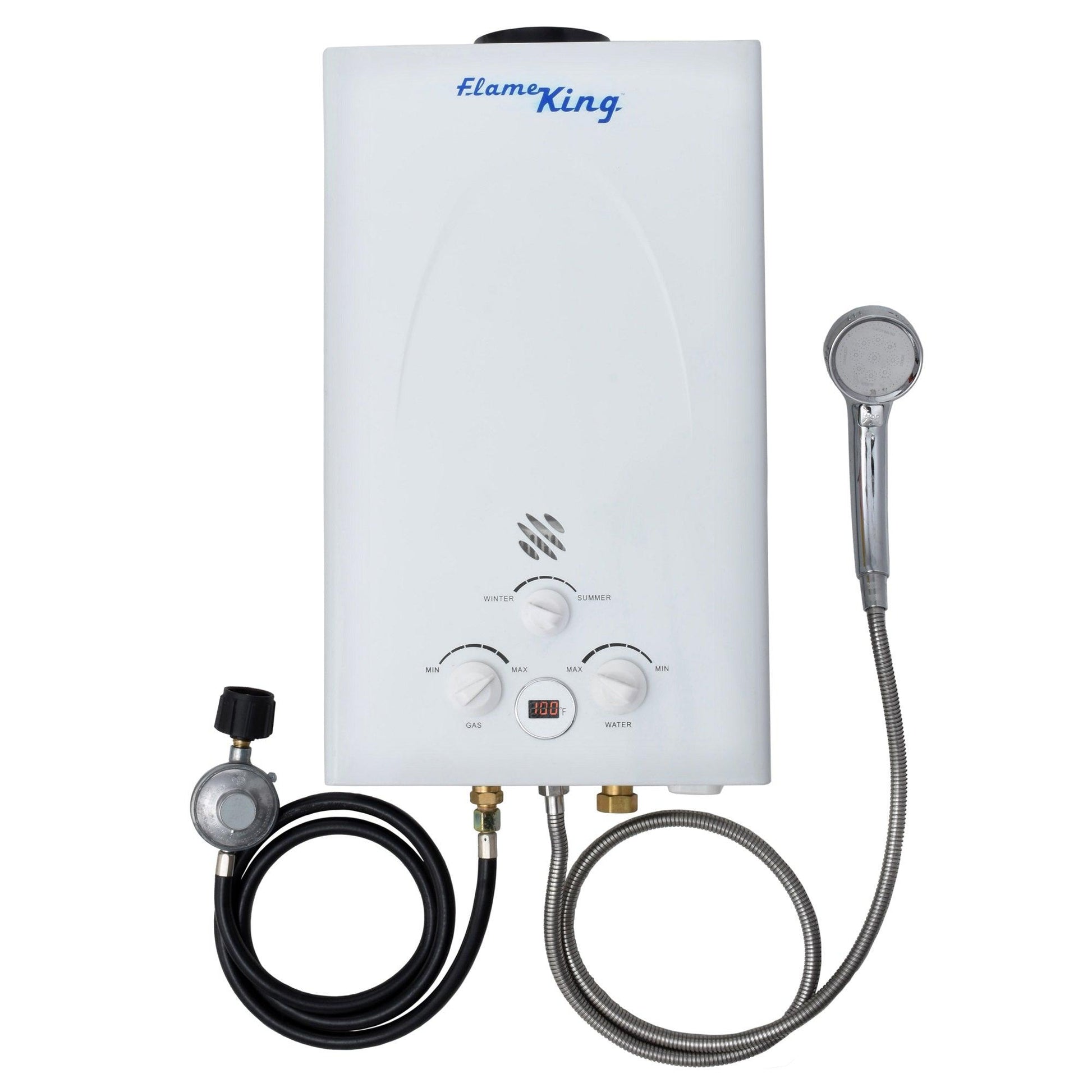 Flame King Tankless Outdoor Portable Camping Hot Shower Propane Gas 10L 2.64GPM Water Heater 68,000 BTU - Angler's Pro Tackle & Outdoors