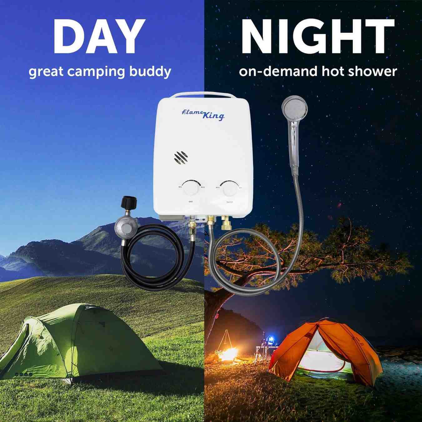 Flame King Tankless Outdoor Portable Camping Hot Shower Propane Gas 5L 1.32GPM Water Heater 34,000 BTU - Angler's Pro Tackle & Outdoors