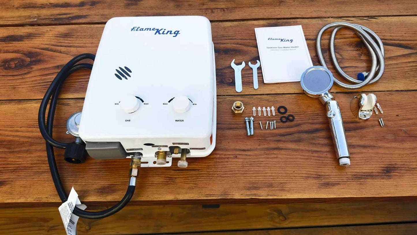 Flame King Tankless Outdoor Portable Camping Hot Shower Propane Gas 5L 1.32GPM Water Heater 34,000 BTU - Angler's Pro Tackle & Outdoors