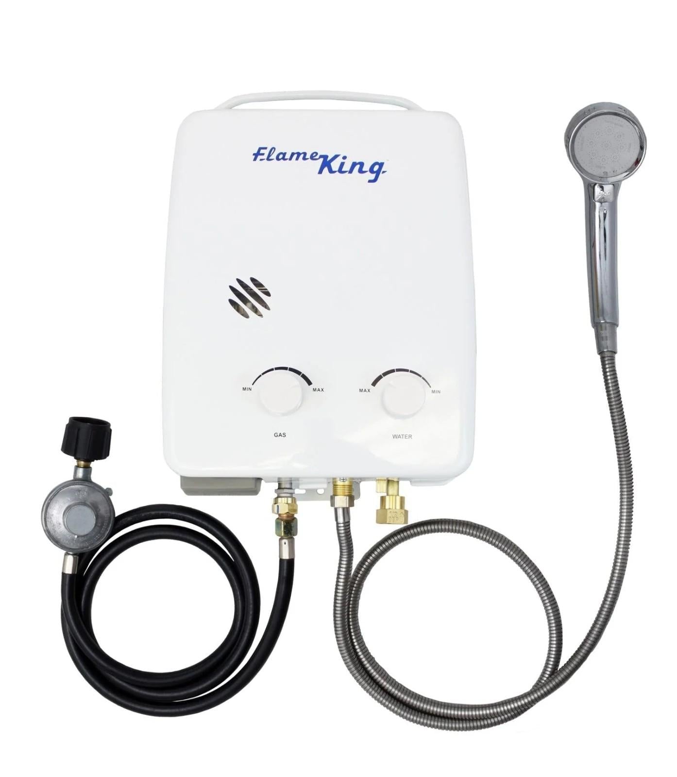 Flame King Tankless Outdoor Portable Camping Hot Shower Propane Gas 5L 1.32GPM Water Heater 34,000 BTU - Angler's Pro Tackle & Outdoors
