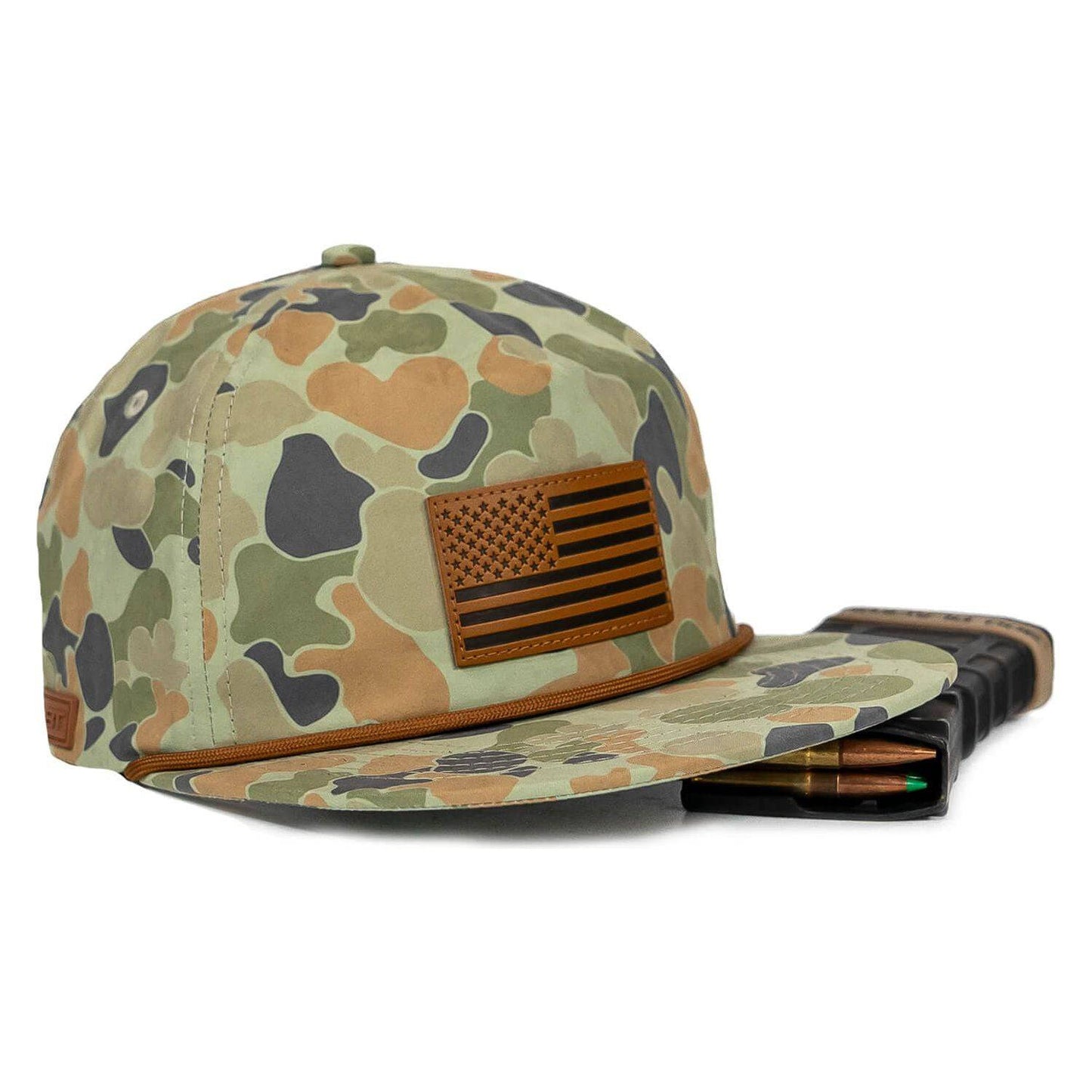 Combat Iron Apparel American Flag Leather Patch Crushable Rope Snapback Hat