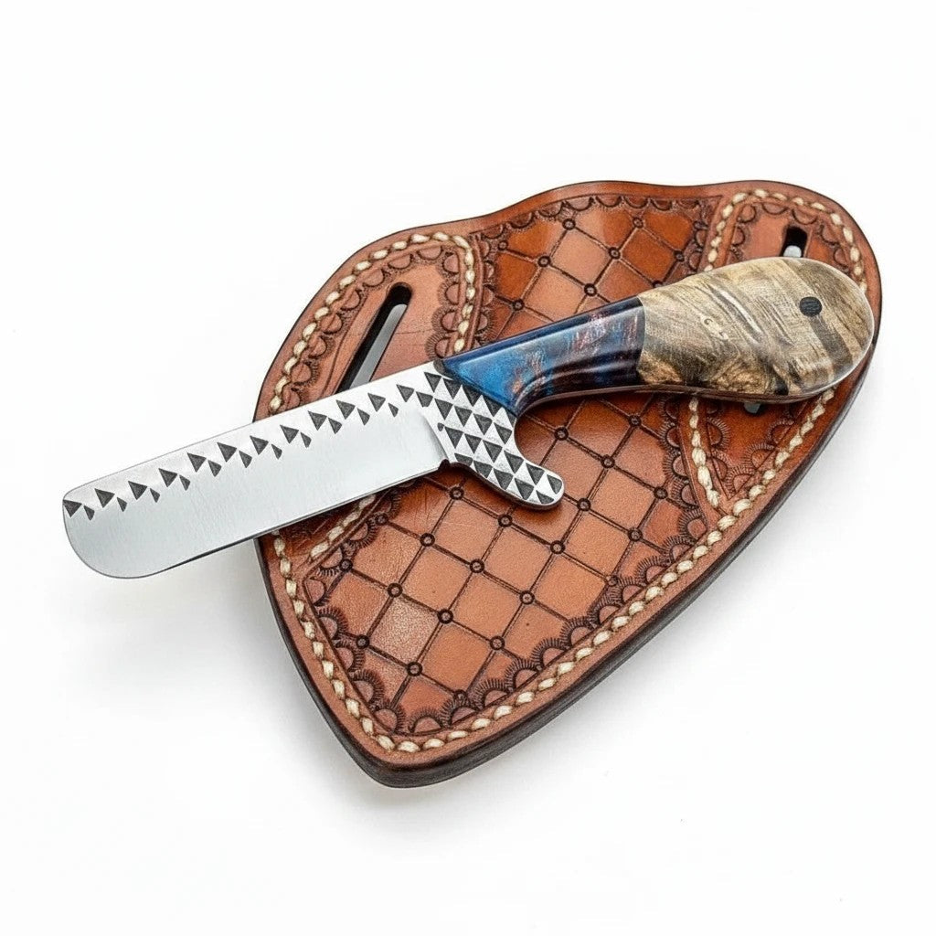 Frontier Cowboy Gear The Stampede – Custom Handmade Farrier Rasp Steel Western Bull Cutter Knife with Rosewood & Epoxy Resin Handle & Leather Sheath