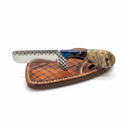 Frontier Cowboy Gear The Stampede – Custom Handmade Farrier Rasp Steel Western Bull Cutter Knife with Rosewood & Epoxy Resin Handle & Leather Sheath