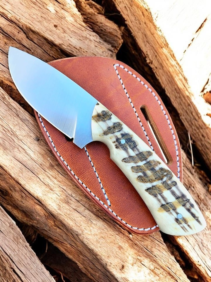 Frontier Cowboy Gear Handmade D2 Steel Cowboy Cross Draw Knife with Sheep Horn Handle & Leather Sheath