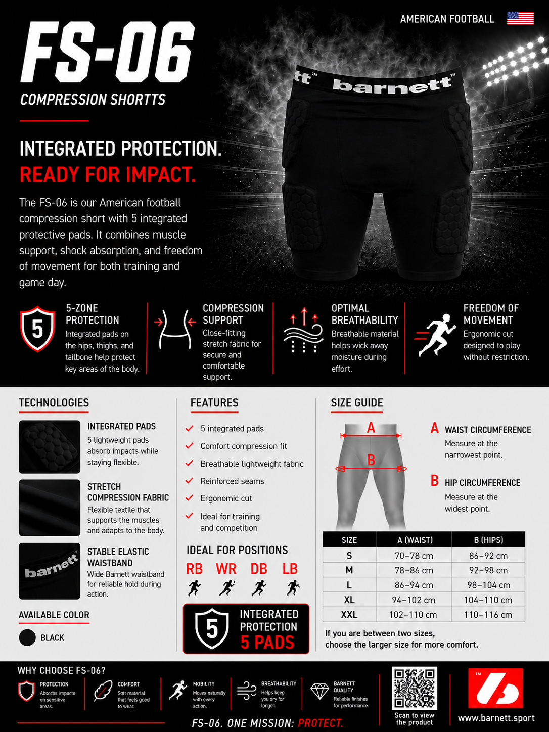 Barnett FS-06 Compression shorts, 5 integrated pieces, for American football