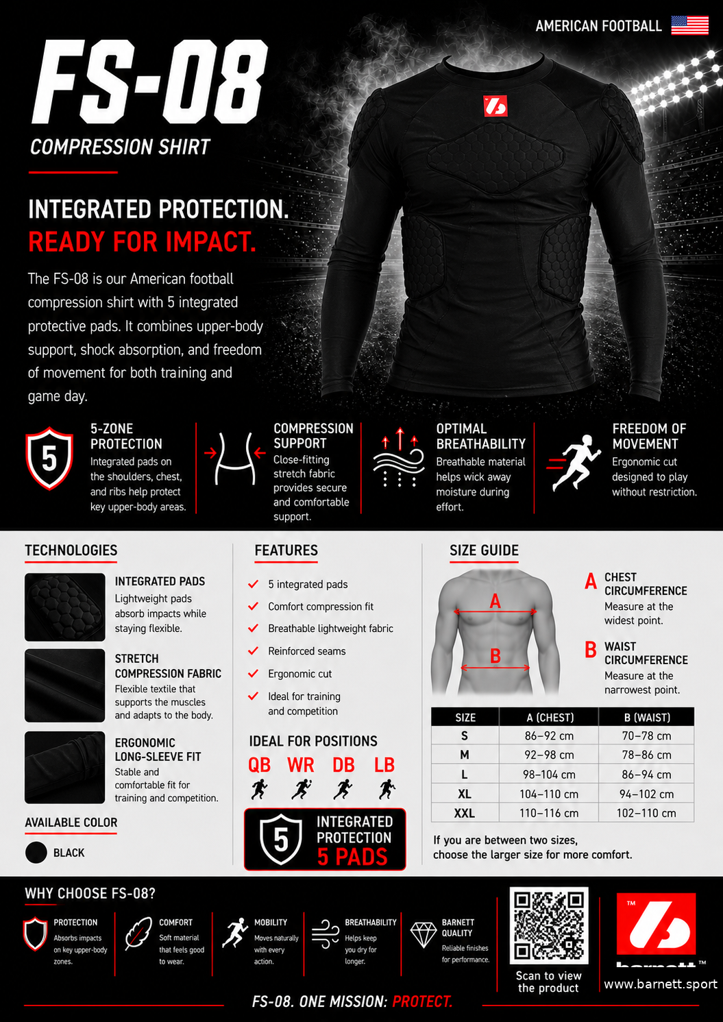 Barnett FS-08 compression T-shirt with long sleeves, 5 integrated pieces, for American football