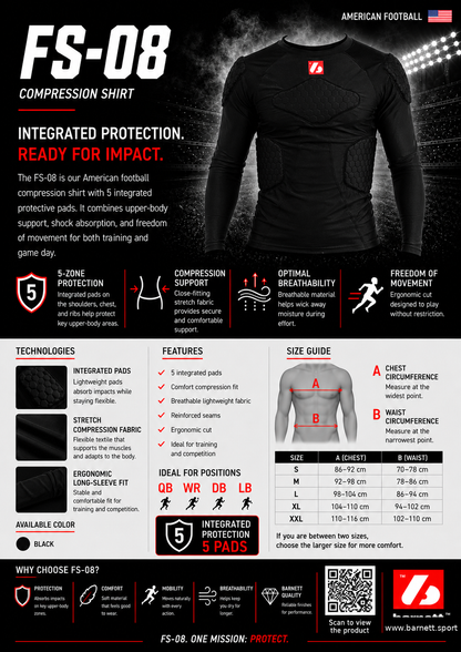 Barnett FS-08 compression T-shirt with long sleeves, 5 integrated pieces, for American football