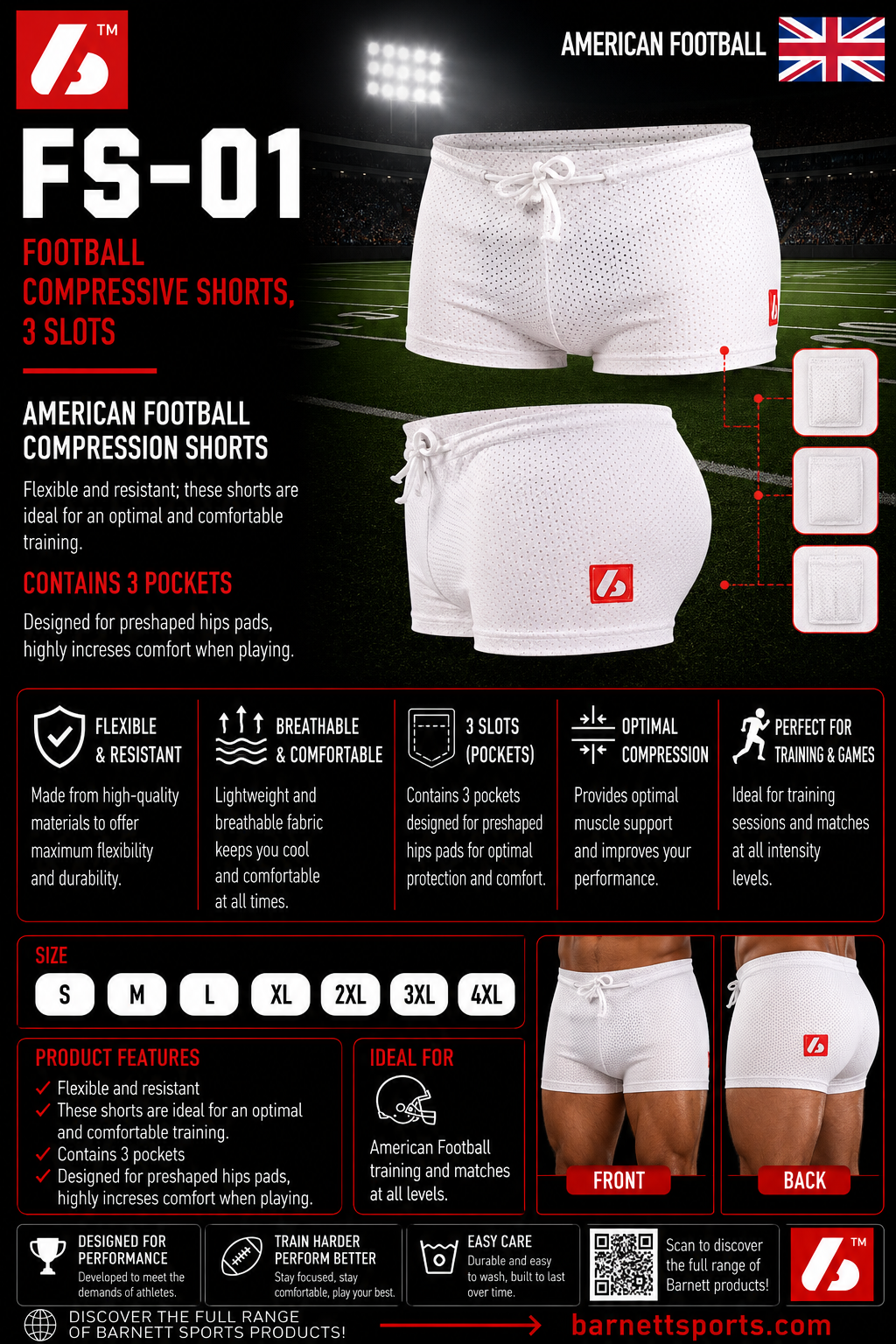 Barnett FS-01 Football compression shorts, 3 slots, white