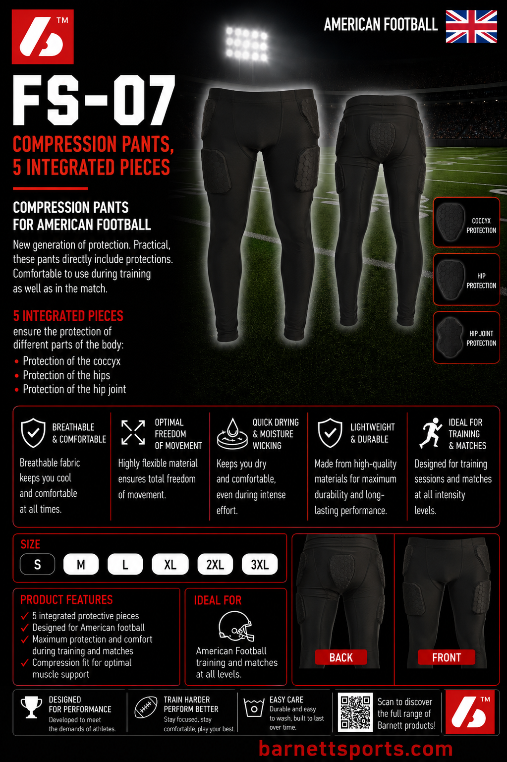 Barnett FS-07 Compression pants, 5 integrated pieces, for American football