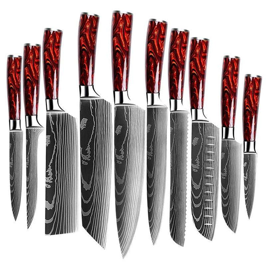 Shokunin USA Fujin 10 Pcs Handmade Chef's Knife Damascus Pattern HC Steel Chef's Set with Sheath