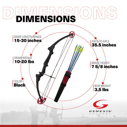 Genesis Original Lightweight Archery Compound Bow/Arrow Set, Left Handed, Black - Angler's Pro Tackle & Outdoors