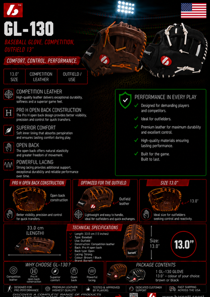 Barnett GL-130 Competition baseball glove, genuine leather, outfield 13, Brown