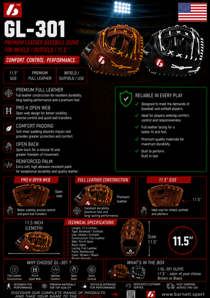 Barnett GL-301 Competition first base baseball glove, genuine leather, size 31, Black