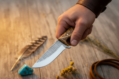 Frontier Cowboy Gear Cross Draw Knife – Rasp Tool Steel Blade & Golden Pine Cone Resin Handle | 7.5"