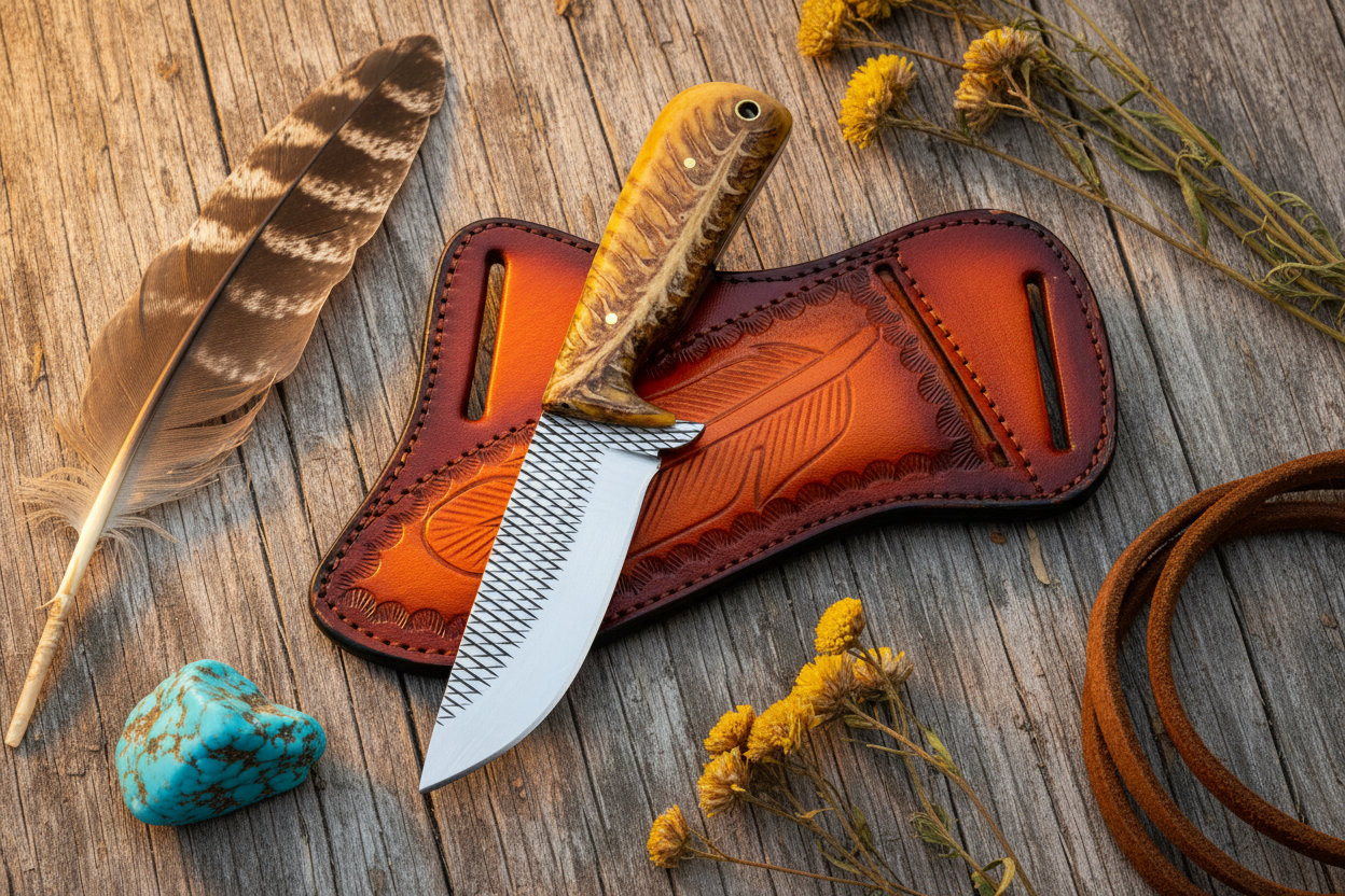 Frontier Cowboy Gear Cross Draw Knife – Rasp Tool Steel Blade & Golden Pine Cone Resin Handle | 7.5"