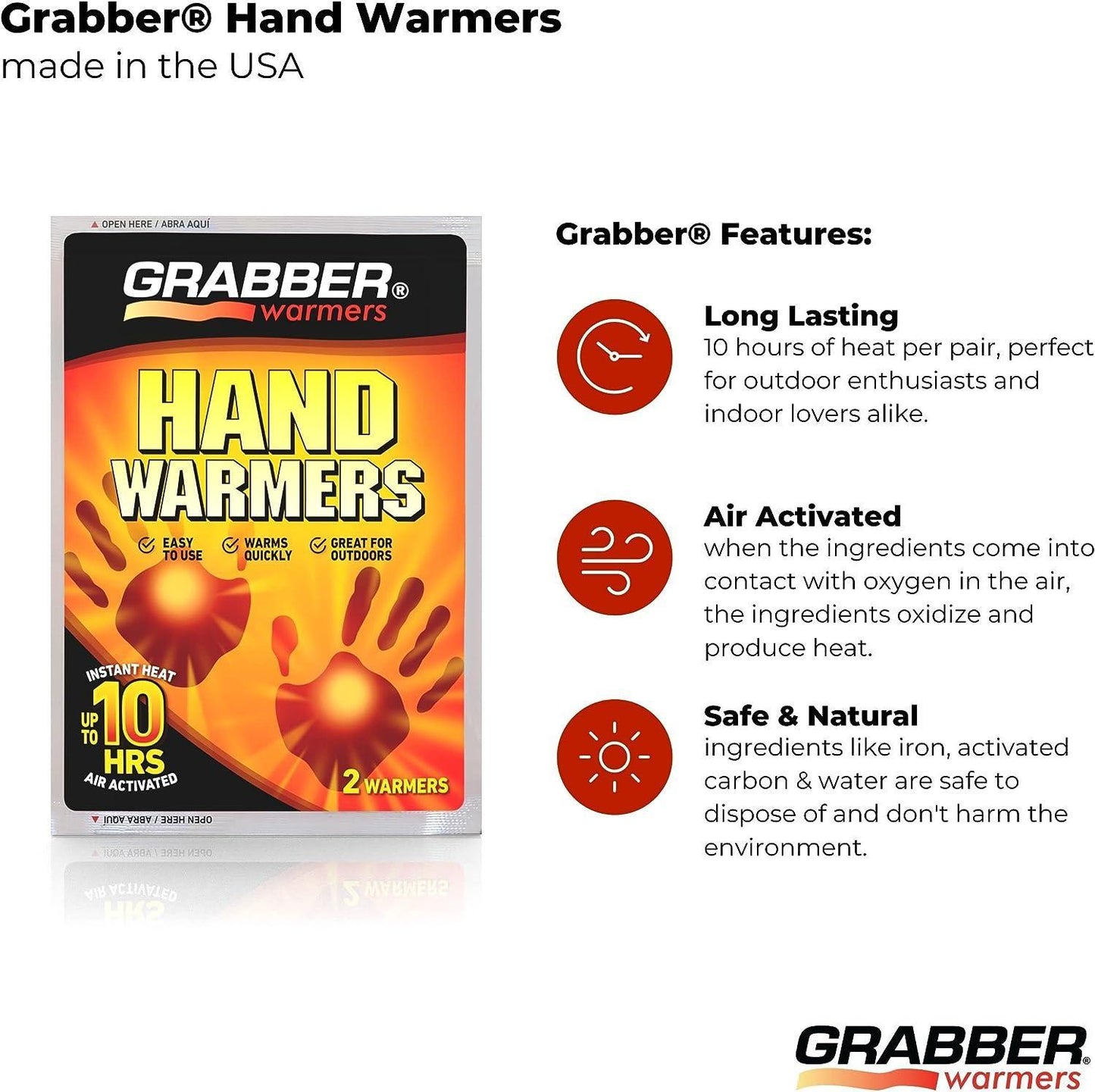 TRAPSKI Grabber Hand Warmers - Long Lasting Safe Natural Odorless Air Activated Warmers - Up to 10 Hours of Heat - 10 Pair Pack