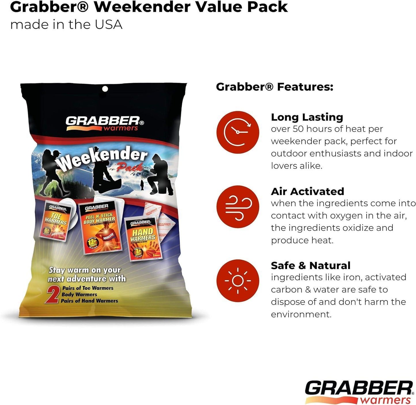 TRAPSKI Grabber Warmers Weekender Multi-Warmer Pack, 2 Pair Hand, 2 Pair Toe, 2 Peel N' Stick Body Warmers, 6-Count