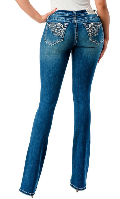 Grace in LA Women's Western Wing Embroidered Mid Rise Bootcut Jeans