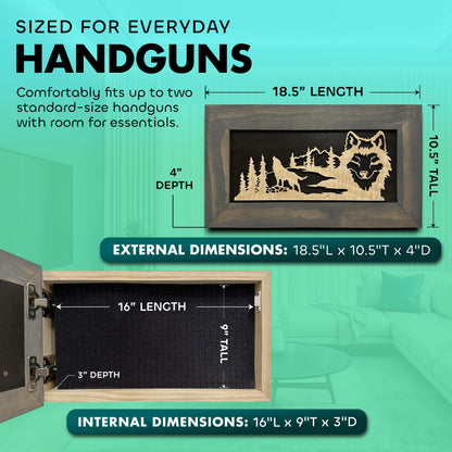 Bellewood Designs - Wall-Mounted Gun Cabinet Wolf Scenery Wall Decoration - Gun Safe To Securely Store Your Gun In Plain Sight