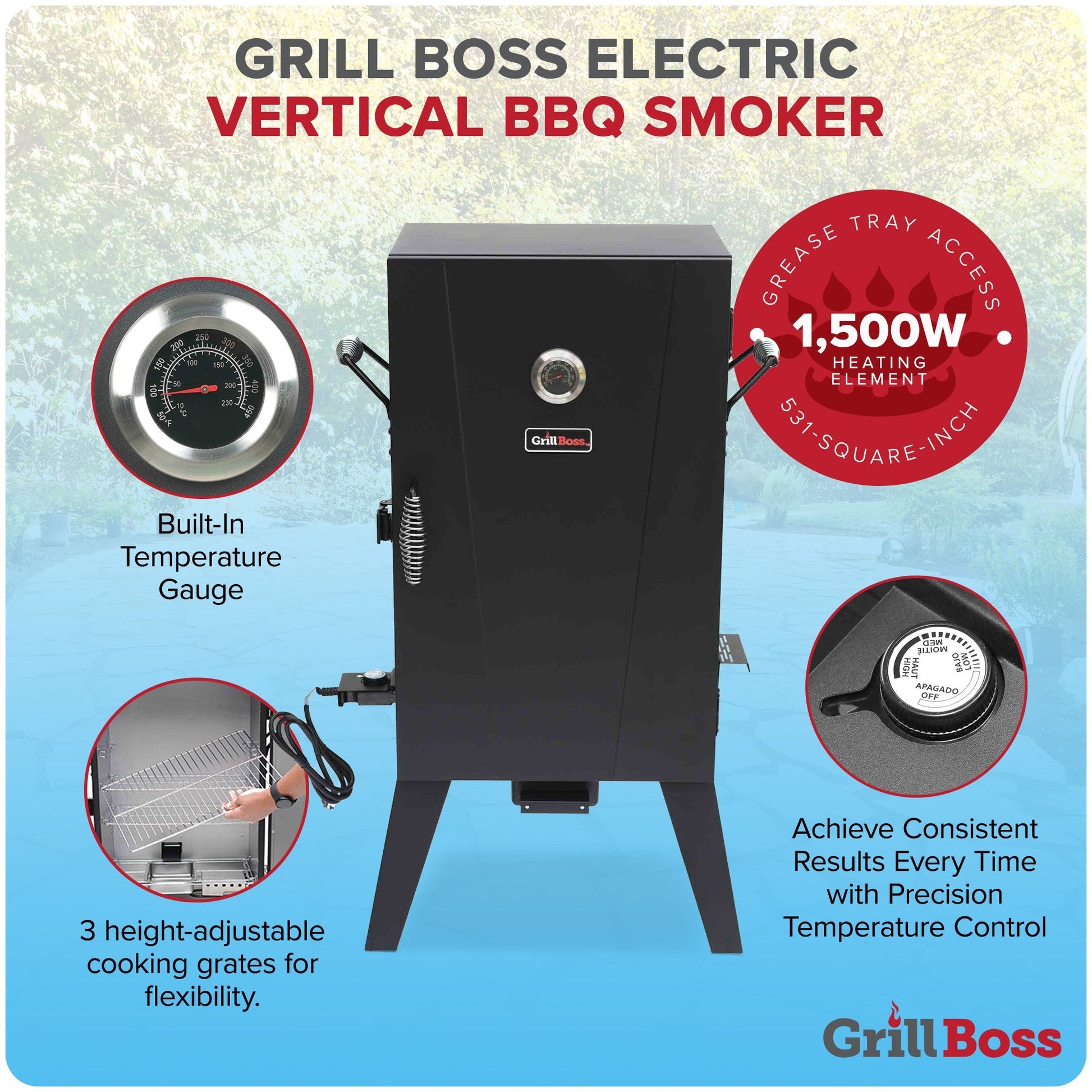 Grill Boss 1500 Watt Electric Vertical Smoker with 531 Sq In Cooking Area, Black - Angler's Pro Tackle & Outdoors