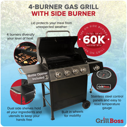 Grill Boss 4 - Burner Gas Grill with Side Burner, Cover, Shelves, & Bottle Opener - Angler's Pro Tackle & Outdoors