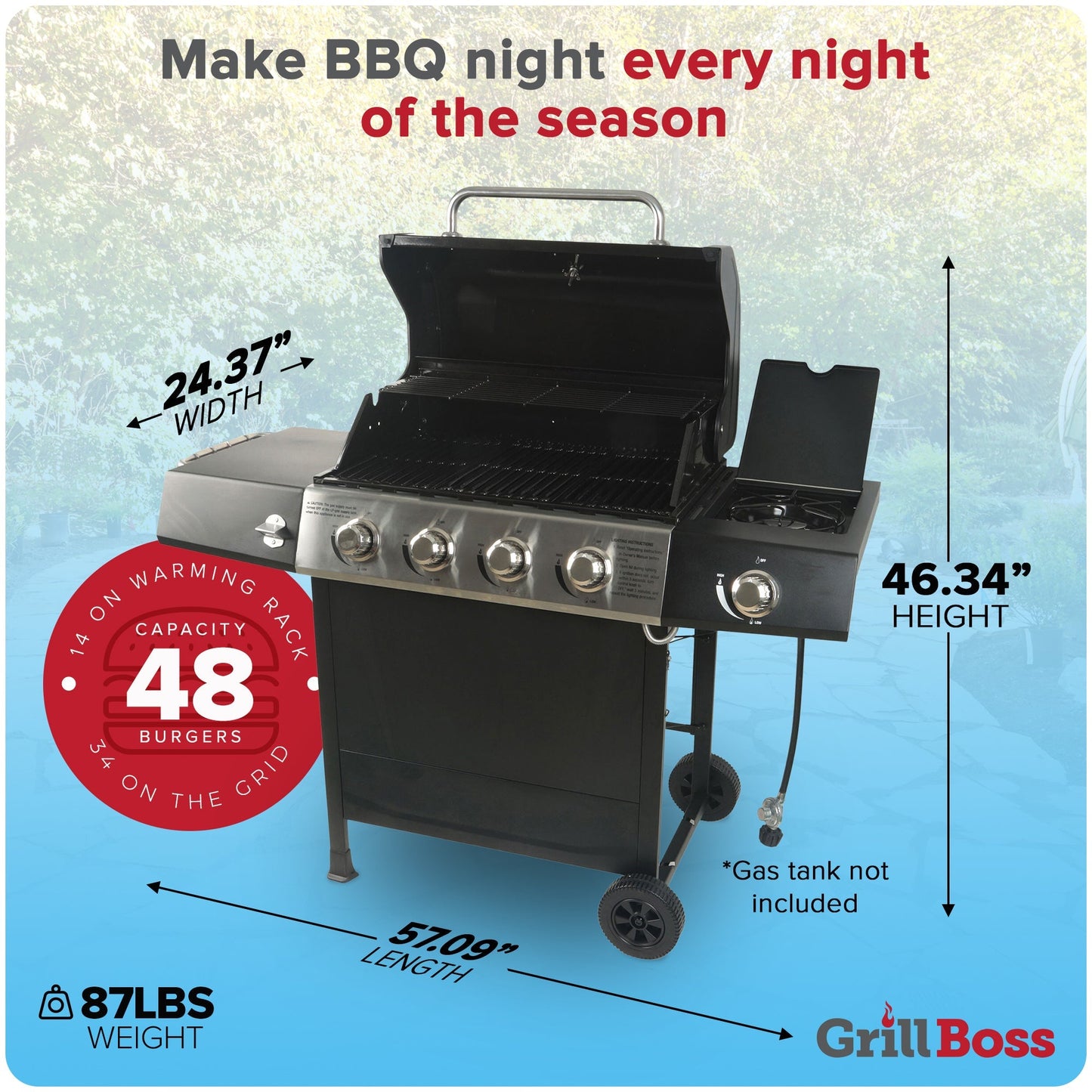 Grill Boss 4 - Burner Gas Grill with Side Burner, Cover, Shelves, & Bottle Opener - Angler's Pro Tackle & Outdoors