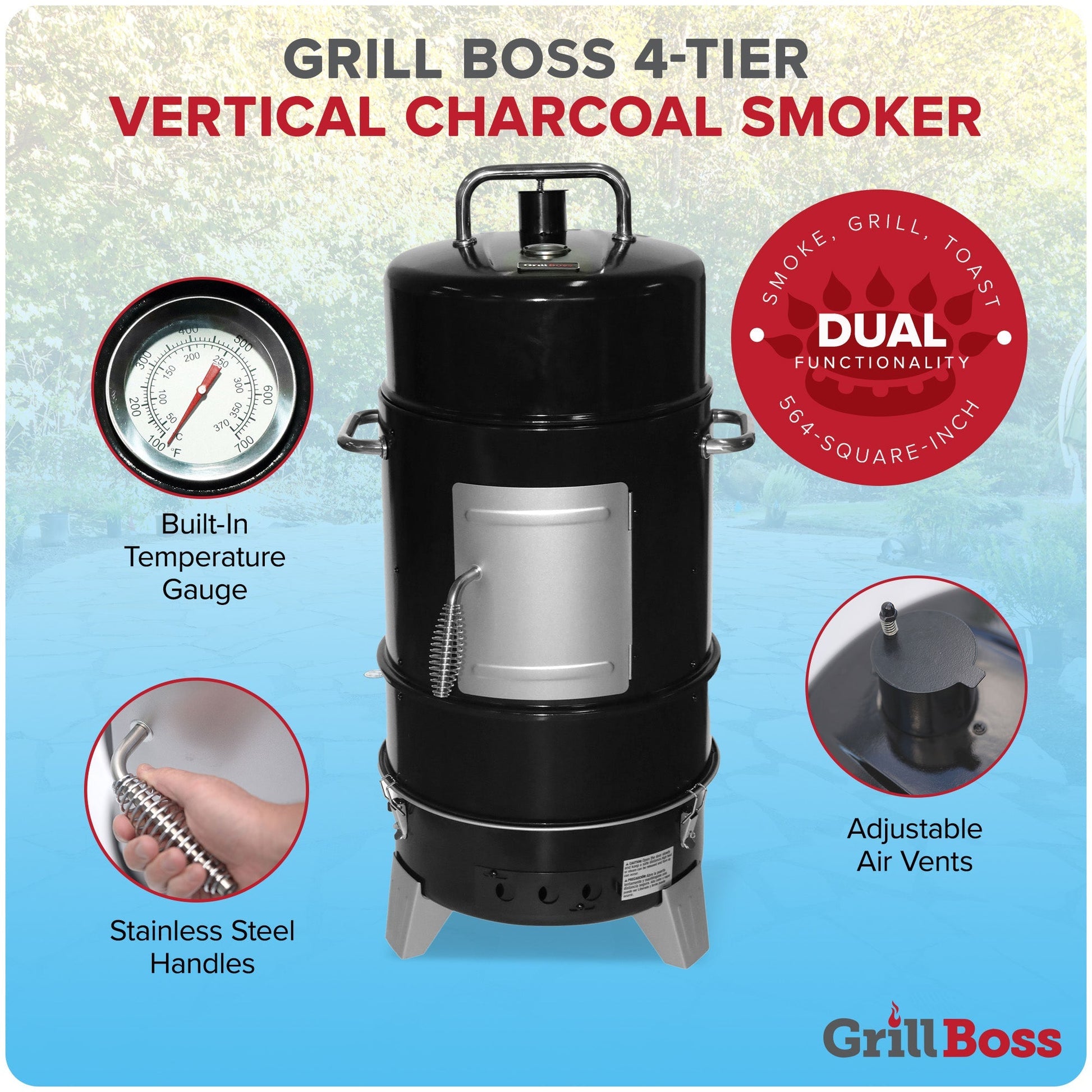 Grill Boss Vertical Charcoal Smoker, 4 Tier, 564 Square Inch Cooking Area, Black - Angler's Pro Tackle & Outdoors