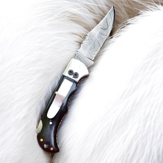 Handmade Damascus Pocket Clip Knife – Buffalo Horn Handle - Angler's Pro Tackle & Outdoors