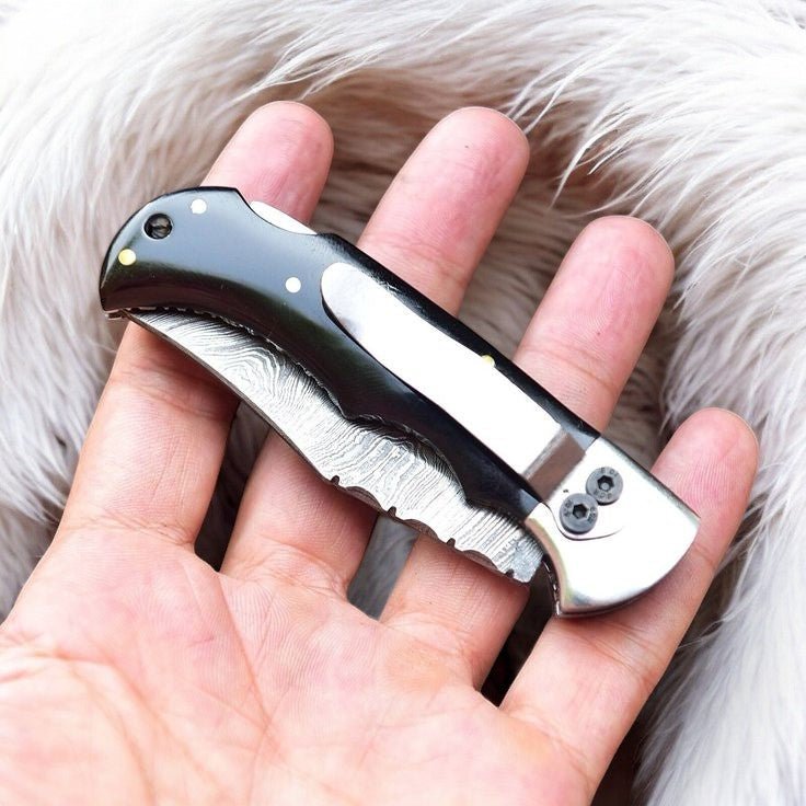 Handmade Damascus Pocket Clip Knife – Buffalo Horn Handle - Angler's Pro Tackle & Outdoors