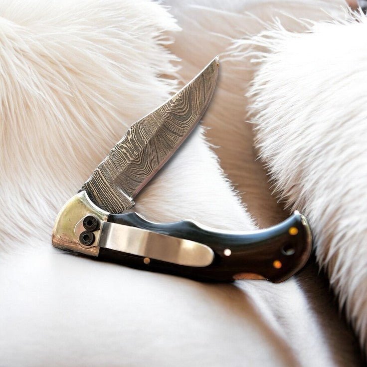 Handmade Damascus Pocket Clip Knife – Buffalo Horn Handle - Angler's Pro Tackle & Outdoors