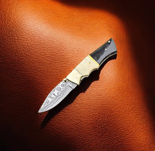 Handmade Damascus Pocket Knife | Bone & Buffalo Horn Handle - Angler's Pro Tackle & Outdoors