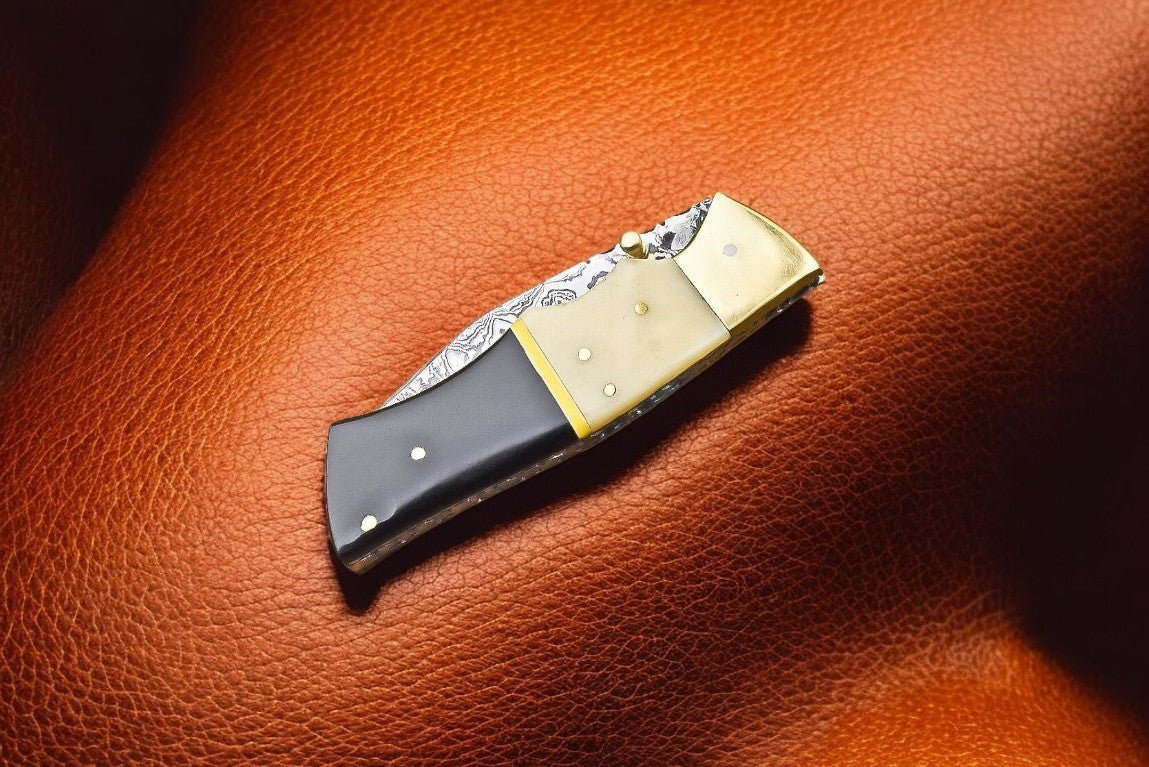 Handmade Damascus Pocket Knife | Bone & Buffalo Horn Handle - Angler's Pro Tackle & Outdoors