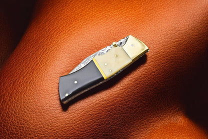 Handmade Damascus Pocket Knife | Bone & Buffalo Horn Handle - Angler's Pro Tackle & Outdoors