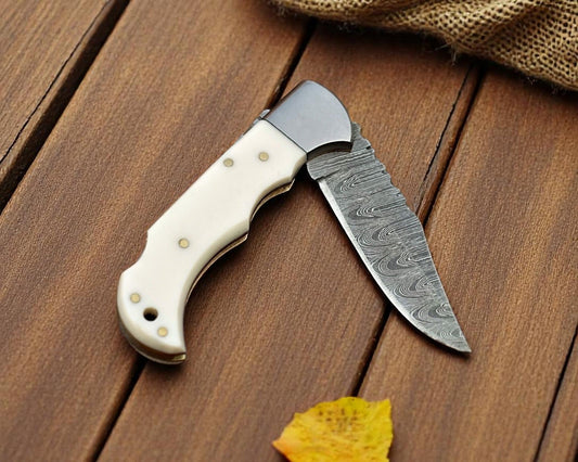 Handmade Damascus Pocket Knife | Bone Handle, 3" Blade - Angler's Pro Tackle & Outdoors