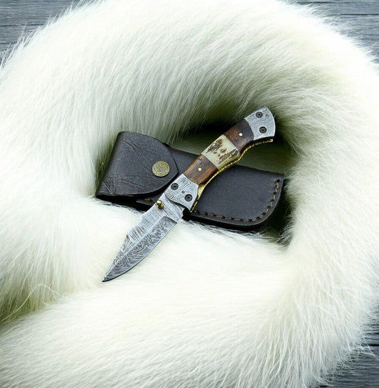 Handmade Damascus Pocket Knife – Rosewood & Antler Horn - Angler's Pro Tackle & Outdoors