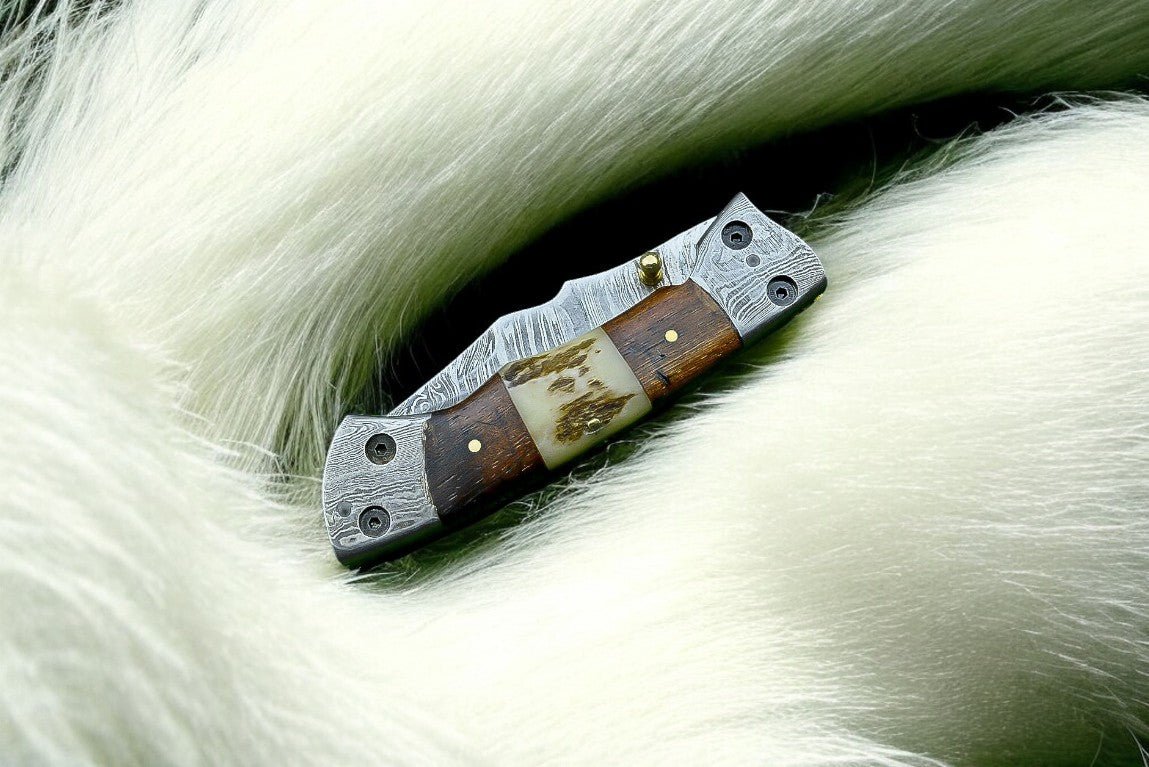 Handmade Damascus Pocket Knife – Rosewood & Antler Horn - Angler's Pro Tackle & Outdoors