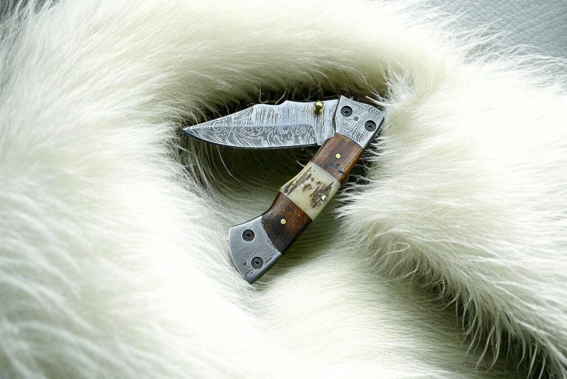 Handmade Damascus Pocket Knife – Rosewood & Antler Horn - Angler's Pro Tackle & Outdoors