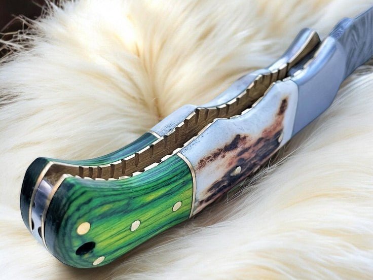 Handmade Damascus Pocket Knife | Stag & Pakka Wood Handle - Angler's Pro Tackle & Outdoors
