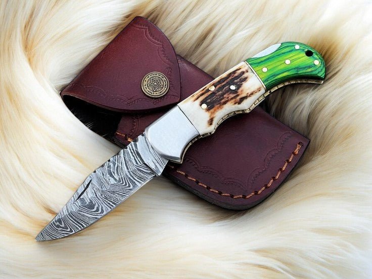 Handmade Damascus Pocket Knife | Stag & Pakka Wood Handle - Angler's Pro Tackle & Outdoors